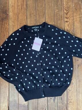 Sarah Jayne Black Cardigan Sweater with Polka Dots NWT New 3/4 sleeve prep